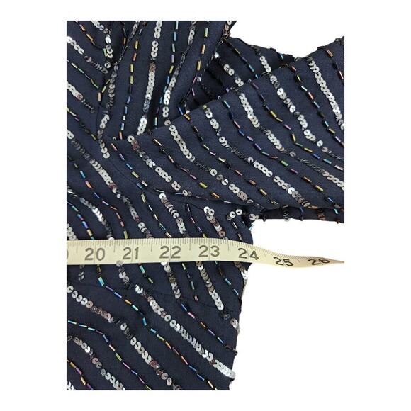 Papell Studio beaded blouse plus sz 1X silk blue silver NWT v-neck 3/4 sleeve - Picture 11 of 12